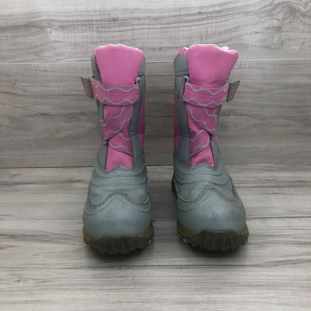 LL Bean Boots Kids Size 1 Pink Gray Insulated Winter Snow Hook and Loop Strap